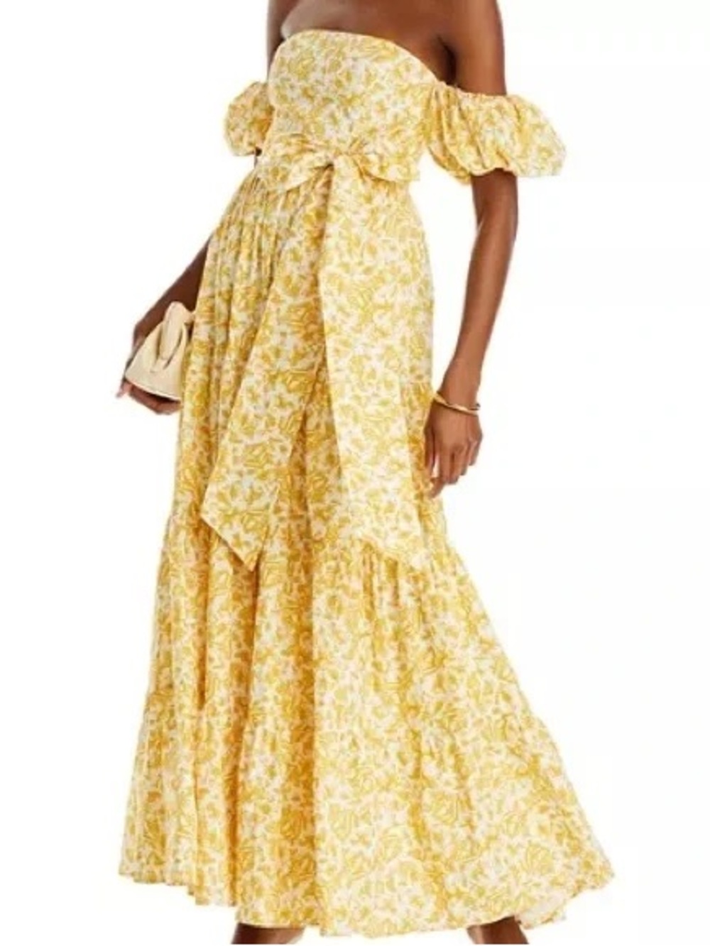 Aqua Yellow Floral Off-the-Shoulder Maxi Dress